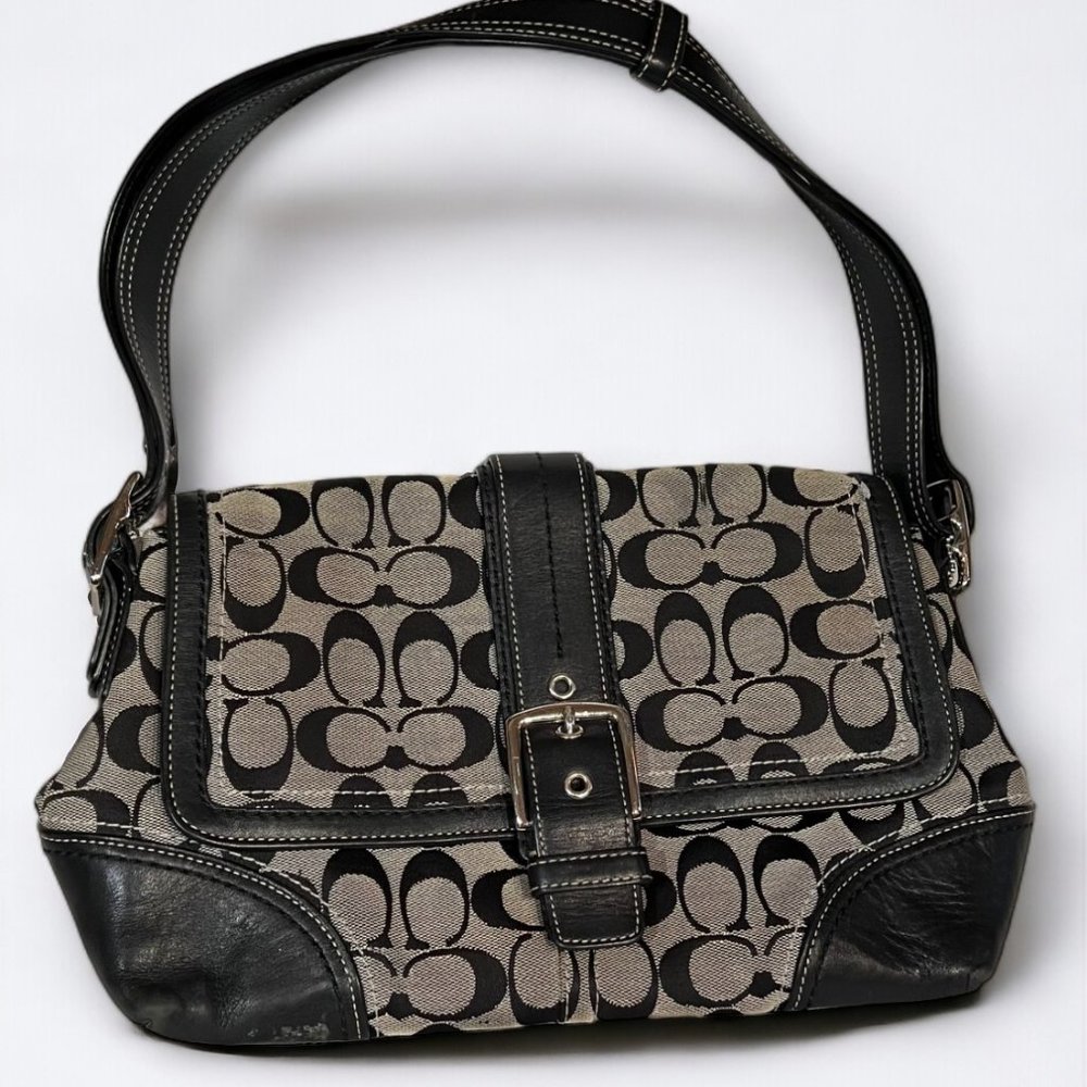 Coach Signature Hampton Blk/White Jaquard Pattern Black Leather Trim Flap Hobo